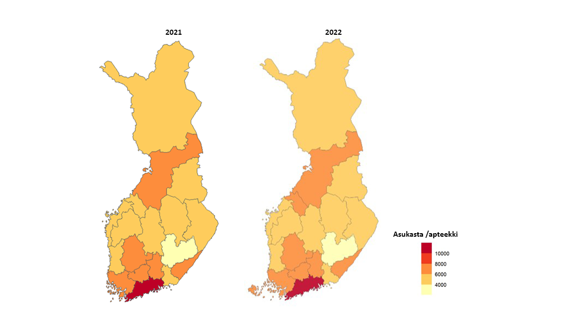 Karttakuvioissa on esitetty asukkaiden lukumäärä apteekkia kohti maakunnittain vuosina 2021 ja 2022. Väestöön suhteutettuna apteekkeja on eniten Etelä-Savossa ja vähiten Uudellamaalla.