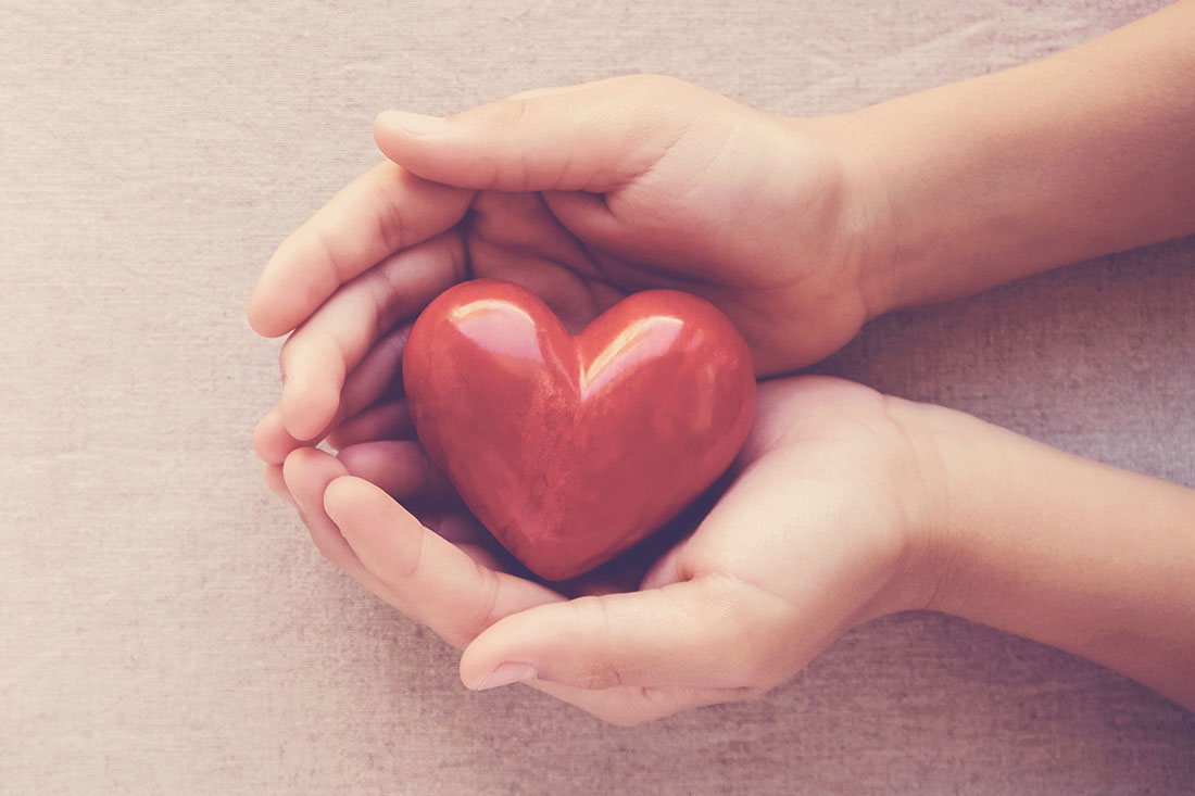 A heart-shaped object between the hands.