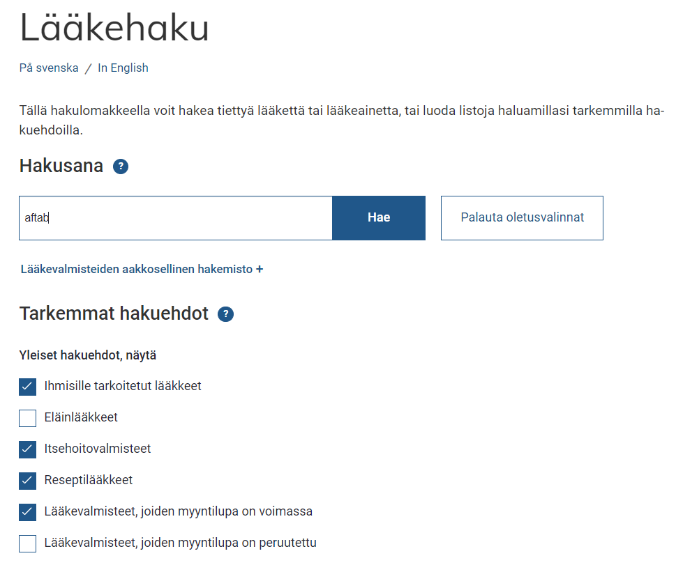 Esimerkki lääkehakulomakkeesta.