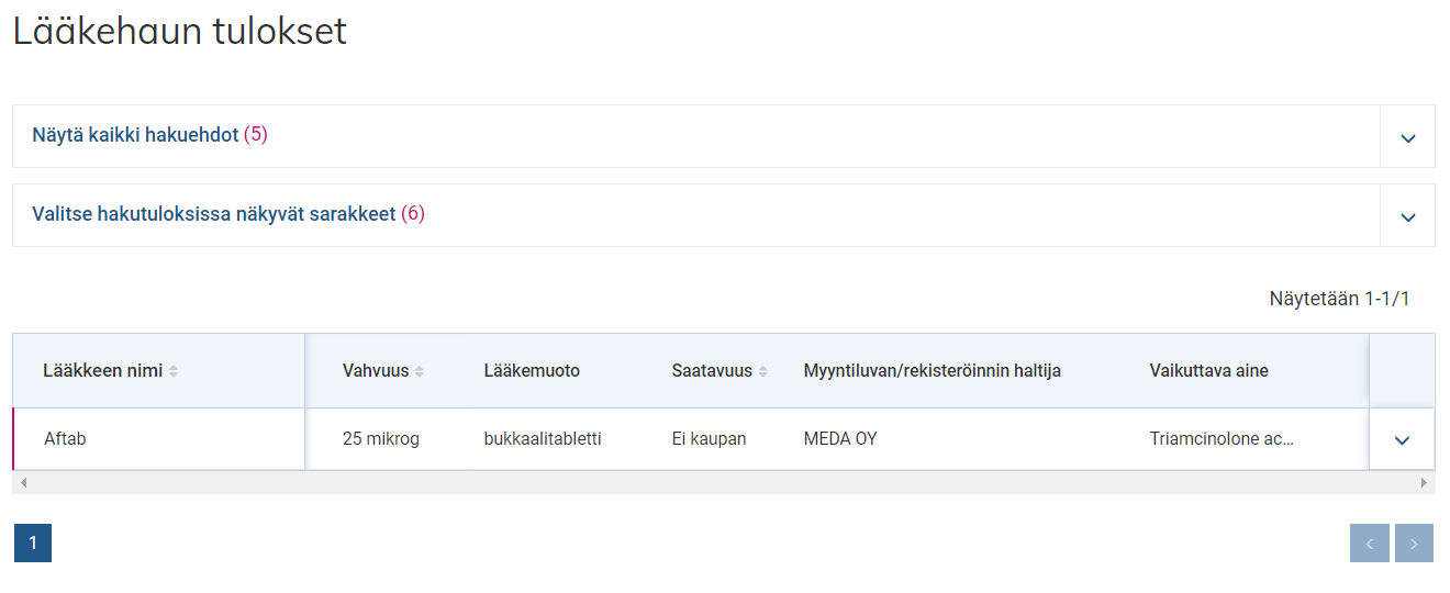 Esimerkki lääkehaun tuloksista.