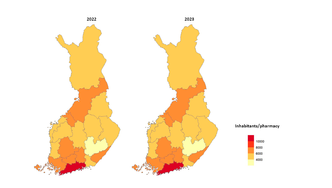 The map charts show the number of residents per pharmacy by region in 2021 and 2022. In proportion to inhabitants, the largest number of pharmacies are found in Southern Savonia and the least in Uusimaa.