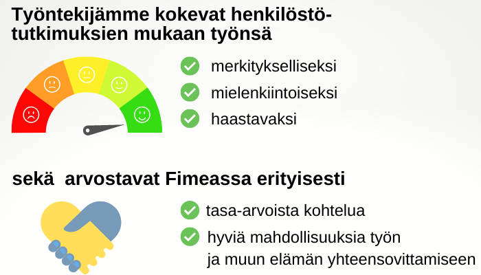 Fimealaiset kokevat työnsä merkitykselliseksi, mielenkiintoiseksi ja haastavaksi sekä arvostavat tasa-arvoista kohtelua ja hyviä mahdollisuuksia työn ja muun elämän yhteensovittamiseen. 