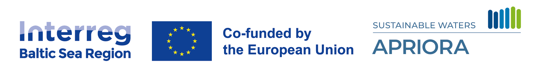 Dekorativ logotyp. Text: Interreg Baltic Sea Region. Co-founded by the European Union. Sustainable waters Apriora.