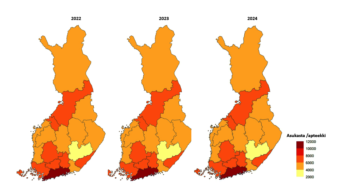 Karttakuviossa on väreillä kuvattu maakuntakohtaisia eroja asukkaiden lukumäärässä apteekkia kohden vuosina 2022-2024. Apteekkeja on väestömäärään suhteutettuna eniten Etelä-Savossa ja vähiten Uudellamaalla. Lukumääräisesti apteekkeja on eniten Uudellamaalla ja vähiten Ahvenanmaalla, Keski-Pohjanmaalla ja Kainuussa.