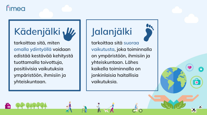 Kädenjälki tarkoittaa sitä, miten omalla ydintyöllä voidaan edistää kestävää kehitystä tuottamalla toivottuja, positiivisia vaikutuksia ympäristöön, ihmisiin ja yhteiskuntaan. Jalanjälki tarkoittaa sitä suoraa vaikutusta, joka toiminnalla on ympäristöön, ihmisiin ja yhteiskuntaan. Lähes kaikella toiminnalla on jonkinlaisia haitallisia vaikutuksia.