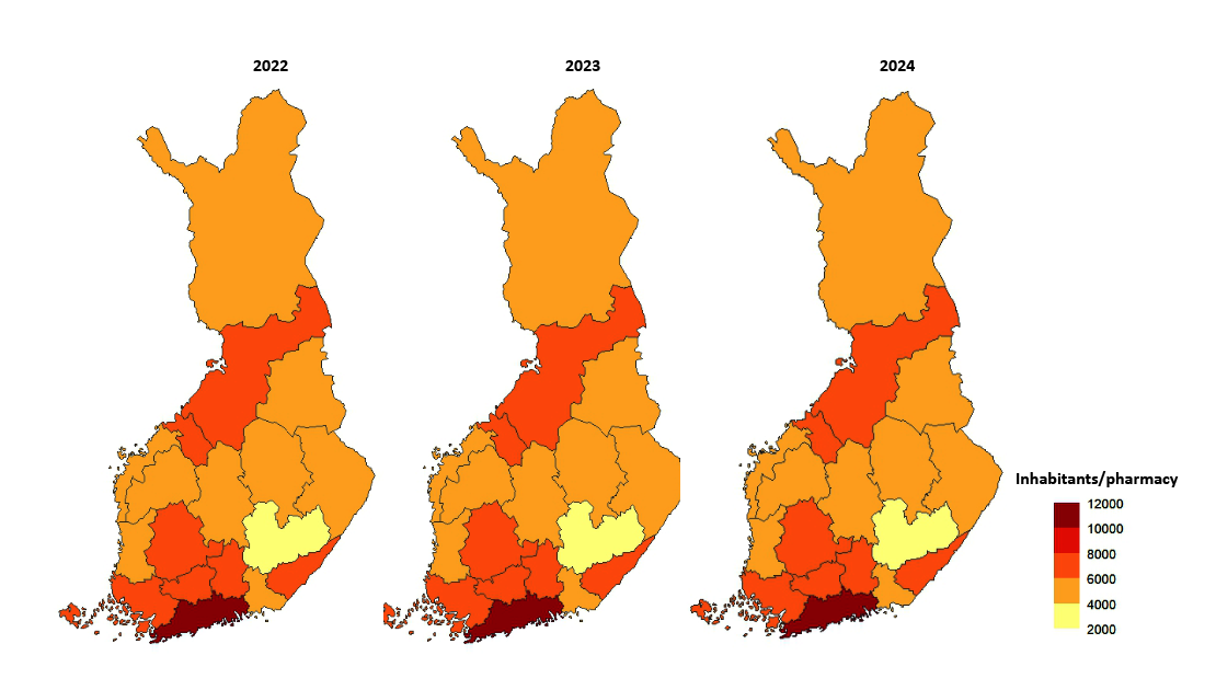 The map chart uses colors to depict regional differences in the number of residents per pharmacy during the years 2022–2024. Relative to the population, South Savo has the highest number of pharmacies, while Uusimaa has the lowest. In absolute terms, Uusimaa has the most pharmacies, and Åland, Central Ostrobothnia, and Kainuu have the fewest.