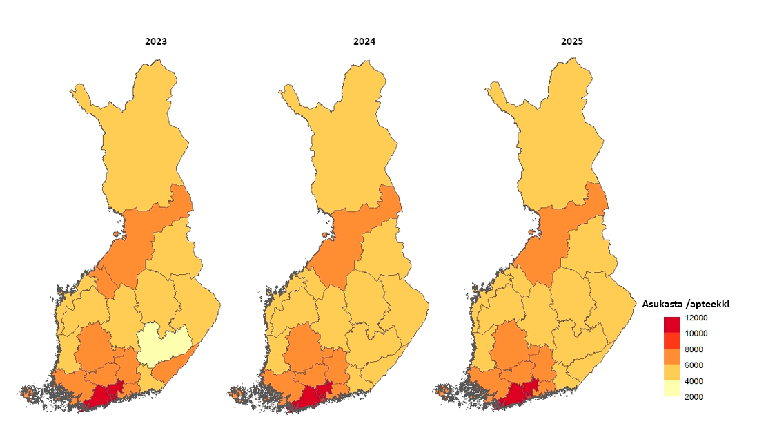 Apteekkeja on väestömäärään suhteutettuna eniten Etelä-Savossa ja vähiten Uudellamaalla. Lukumääräisesti apteekkeja on eniten Uudellamaalla ja vähiten Ahvenanmaalla, Keski-Pohjanmaalla ja Kainuussa.