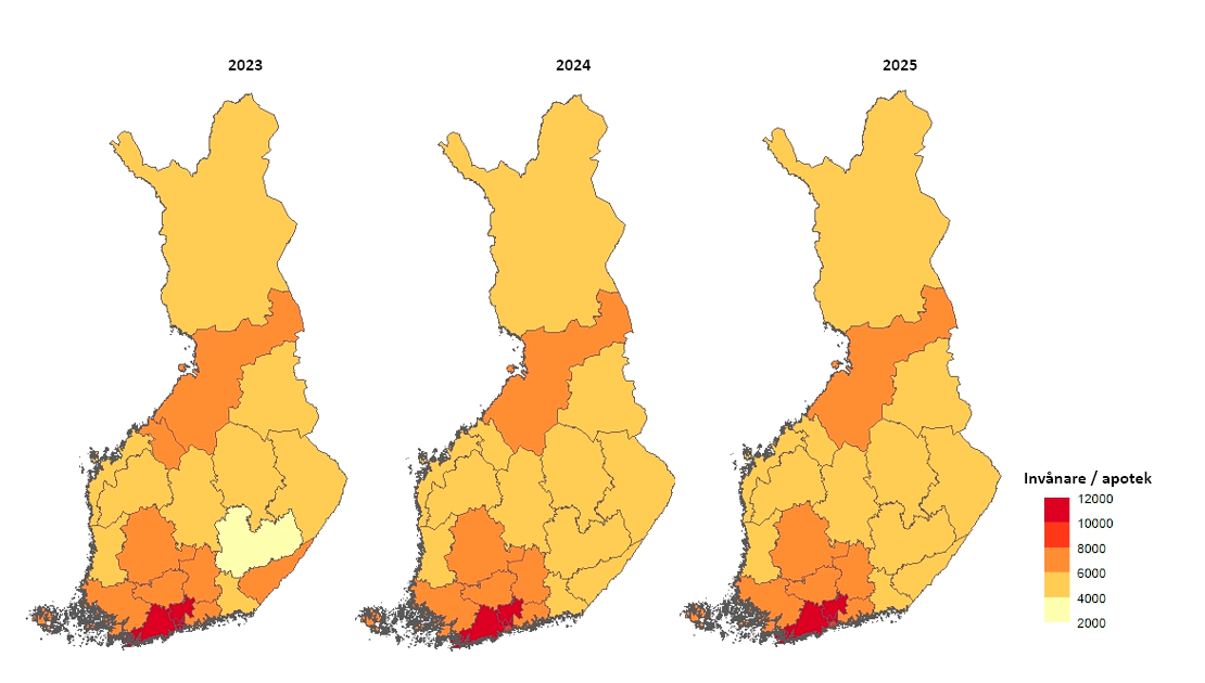 I förhållande till befolkningsmängden finns det flest apotek i Södra Savolax och färst i Nyland. Till antalet finns det flest apotek i Nyland och minst i Åland, Mellersta Österbotten och Kajanaland.